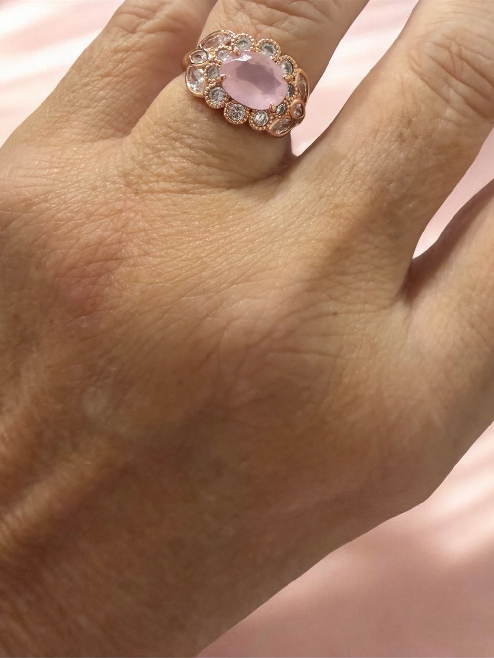 Rose Gold Pink Gemstone Halo Ring - Women  size 5